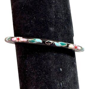 Vintage Cloisonne Bangle Bracelet Enamel Black Gold Floral Thin Chinese Brass